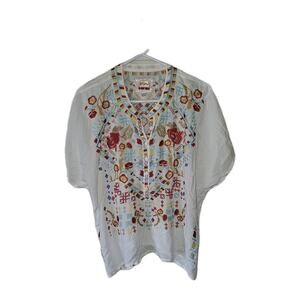 Johnny Was Biya White Embroider Pull Over Blouse floral/symmetric Sz S Peasant